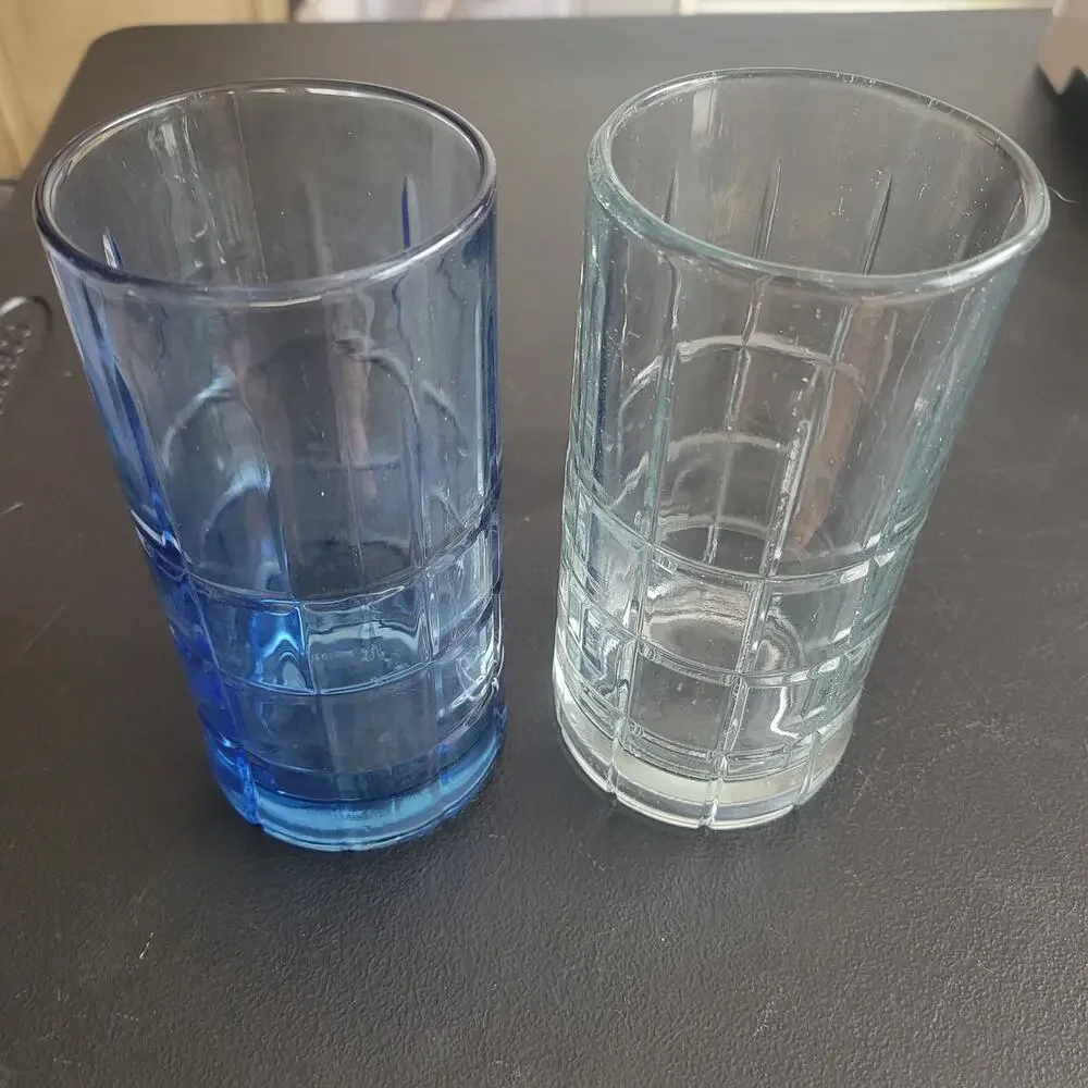 Vintage Anchor Hocking Tartan Glasses One Blue and One Clear‎ Set of Two